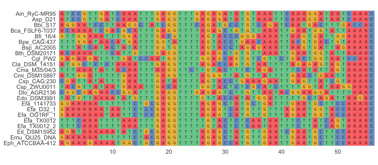 An example of a nucleotide alignment, where sequences from different samples are organized in rows and homologous nucleotides are organized in columns. Visual inspection of the alignment reveals regions that are relatively conserved across samples (*e.g.*, positions 18-25) as well as highly variable regions (*e.g.*, poistions 42-50).