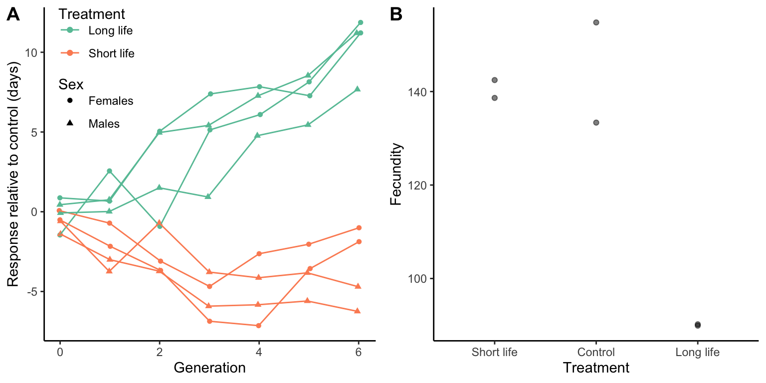 A. Selection of either short or long lifespan  in *D. melanogaster* causes clear evolutionary responses in longevity. [Data](data/12_selection_longevity2.csv) form Zwaan et al. (1995). B. Evolution of longer lifespans coincides with drastic reductions in fecundity, indicating antaginistic pleiotropic effects. [Data](data/12_selection_longevity3.csv) form Zwaan et al. (1995).