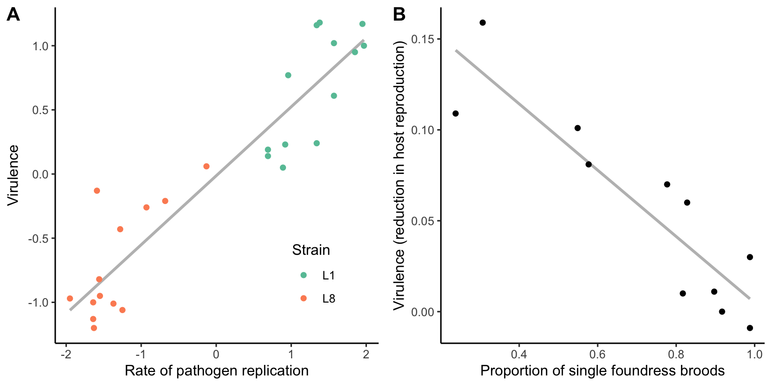 A. Correlation between pathogen replication and virluence in phages that have frequent opportunities for horizontal transmission (*i.e.*, every day; L1) and phages with few opportunities for horizontal transmission (*i.e.*, every eight days; L8). As predicted by the trade-off hypothesis, virulence is lower in strains with higher levels of vertical transmission. [Data](data/13_vir-to.csv) from Messenger et al. (1999). B. Correlation between the proportion of single foundress broods (*i.e.*, the degree of vertical transmission) and virulence in fig wasps and their nematode parasites. [Data](data/13_figwasp.csv) from Herre (1993).